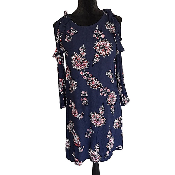 Old Navy Navy Blue Floral Open Shoulder Long Sleeve Dress - Picture 1 of 7